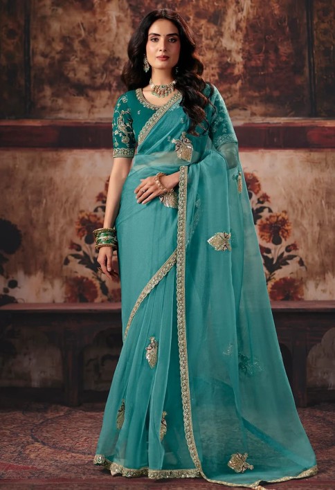 Sea Blue Designer Style Festive Wear Saree